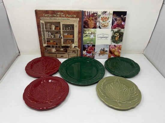 4 Longaberger Pottery Leaf Plates, 1 Regular Line Plate and 2 Longaberger Books