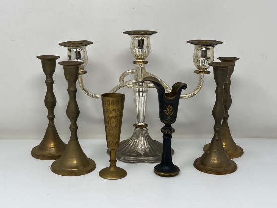 Silver Tone Candelabra, 2 Pairs of Brass Candlesticks, Brass Goblet & Ewer