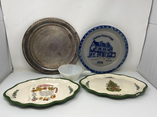 Silver Plate Tray, Stoneware Plate, 2 Serving Trays and Anchor Hocking Handled Glass Bowl