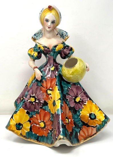 Italian Porcelain Figure of Woman in Floral Dress Holding Urn