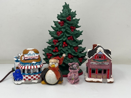 Christmas Decorations- Buildings, Lighted Ceramic Tree with Holly Bulbs, Penguin and Glass Bear