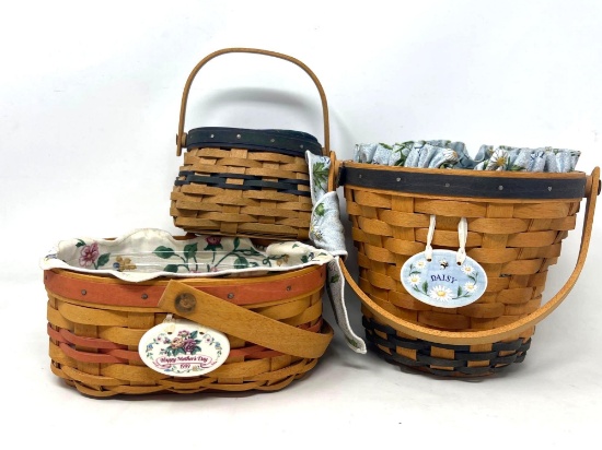 3 Longaberger Baskets with Colored Weaving