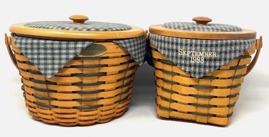 2 Longaberger Baskets with Blue Weaving and Wood/Fabric Lids