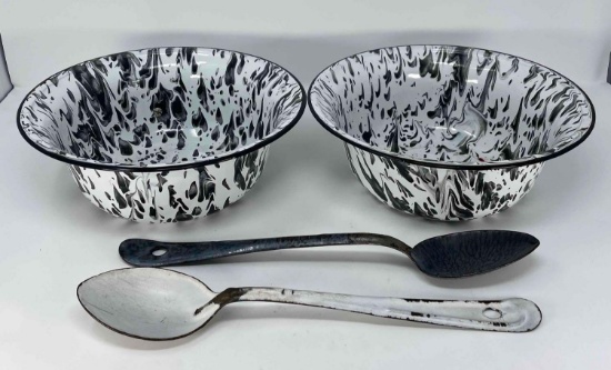 Black & White Swirl Enamelware Bowls and 2 Spoons- Gray & White