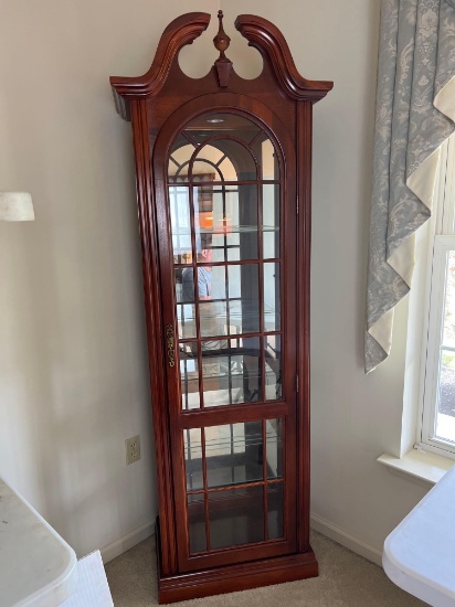 Tall Lighted Display Cabinet with Broken Arch Pediment and Glass Shelves
