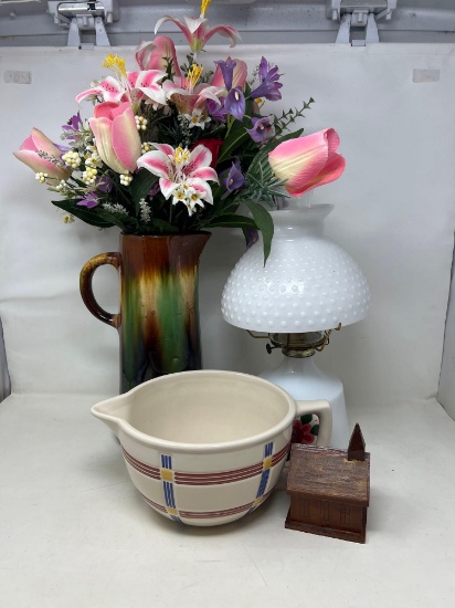 Pitcher Floral Arrangement, Milk Glass Lamp, Church Building and Batter Bowl