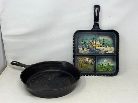 Griswold # 8 Cast Iron Fry Pan and Wagner Paint Decorated Divided Skillet