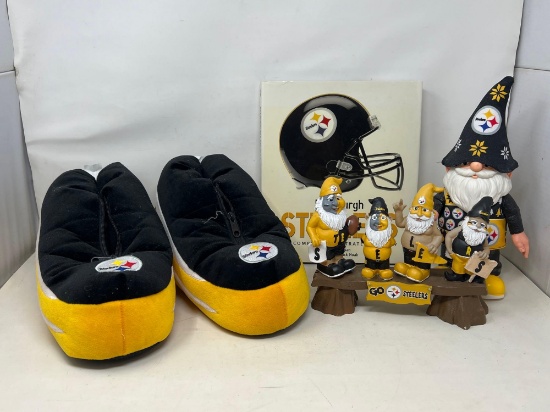 Pittsburgh Steelers Collectibles- Slippers, Large Gnome, Gnomes on Bench Figure and Posters