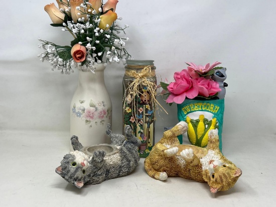 2 Cat Votive Holders, Vase with Flowers, Sweet Corn Vase & Flowers and Jar of Spanish Moss & Raffia