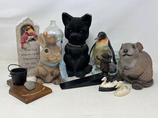 Animals Figures, Blessing Plaque, Art Glass Vase on Stand and "Early American Lighter" Piece