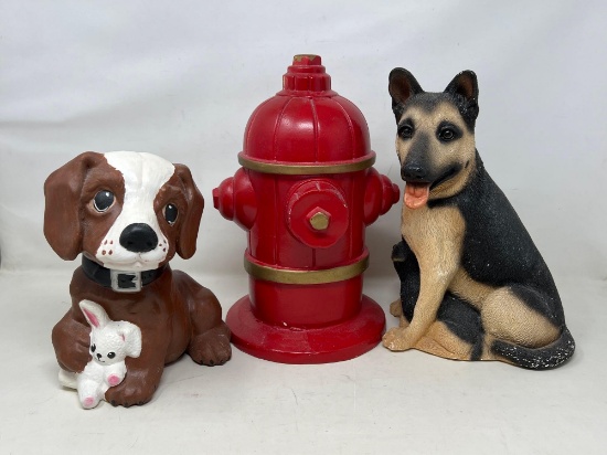 3 Banks- Dog with Bunny, Fire Hydrant, German Shepherd