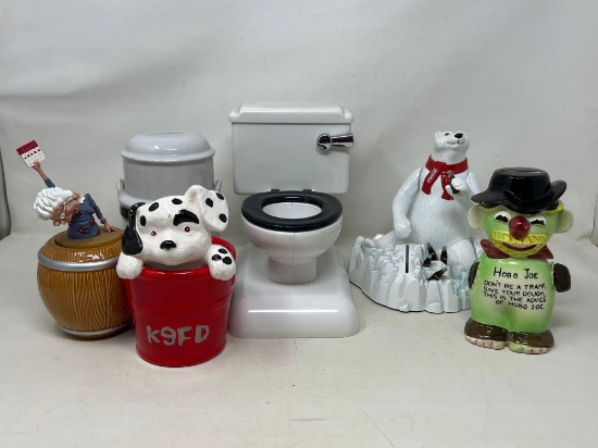Talking Toilet, Milk Can Bank, Bingo Lady Lidded Jar, Dalmatian Puppy Bank, Coca-Cola Polar Bear