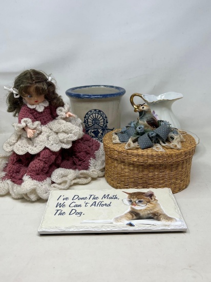 Slate Sign, Doll in Crocheted Dress, Stoneware Crock, Lidded Basket with Bird/Bow, Pitcher & Bowl