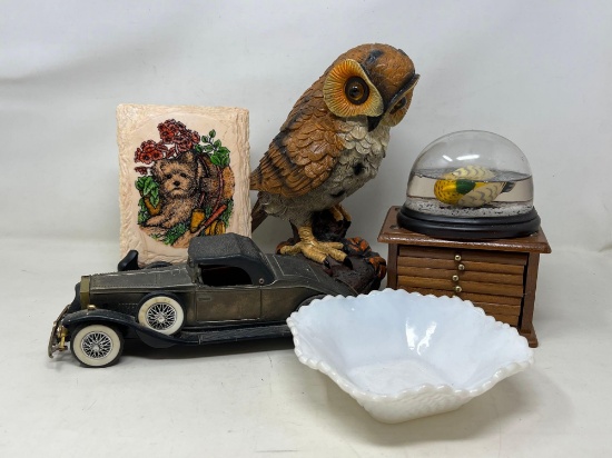 Model Car, Owl Figure, Coaster Set, Milk Glass Dish, Dog Plaque and Fish Snow Globe