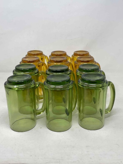 6 Green & 6 Amber Handled Glass Mugs