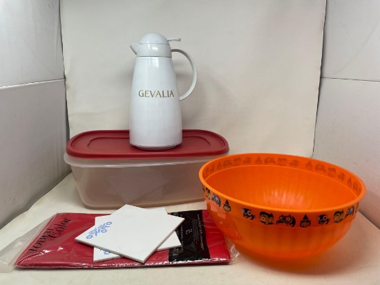 Gevalia Coffee Carafe, Lidded Food Storage Container, Orange Popcorn Bowl, 2 Corelle Trivets