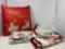 Merry Christmas Throw Pillow, Table Cover with Ball Fringe and Other Tea Towels, Linens