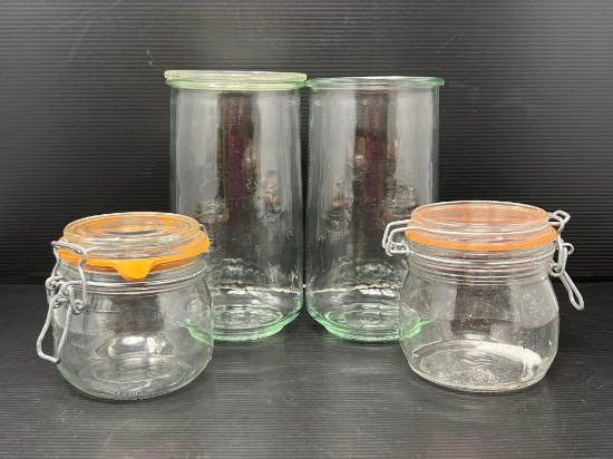 2 Large Glass Weck Jars and 2 Glass Canister with Wire & Glass Lids