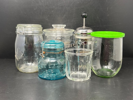 2 Canning Jars with Wire/Glass Lids, French Press, Coffee Percolator and Storage Container with Lid