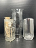 Glass Hurricane Shade, Silver Rimmed Vase, Decanter and Bottle with Cork Top