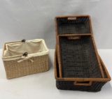 3 Matching 2-Tone Baskets and One Fabric Lined Basket with Swing Handle