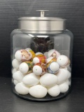 Lidded Jar with Plastic Eggs- Some Decorated