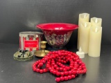 Bead Garland, Brass Candle Holder, Set of 4 Electric Candles, Red Bowl, Peppermint Candle, Metal Lid