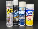 Flex Seal Cleaner, Fuller Duster Spray, Ozium Air Sanitizer and Lysol Wipes