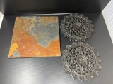 Slate Tile and 2 Decorative Metal Medallions