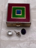 Vintage Pill Box, Diamond Stud Earring, Oval Cut Amethyst Unset Stone & Rhinestone