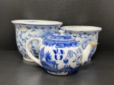 2 Blue & White Planters- Large & Smaller and Tea Pot with Cozy
