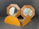 Pair of Octagonal Framed Mirrors and Pair of Wooden Wall Shelves