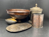 Metal Lot- Tray, Pedestal Bowl, Gravy, Pierced Can and Brass Lidded Piece