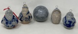 4 Blue Decorated Stoneware Santa Ornaments and 