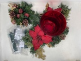 Greenery, Pine Cones & Apple Candle Rings and Poinsettia Arrangement with Red Center Bowl