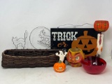 Halloween Lot- Basket, Wire Cat/Witch, Signs, Candy Container, Red Bowl, Ghost & Pumpkin Head Figure