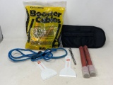 Booster Cables, Bungee Cords, Plastic Paint Scrapers, Tire Gauge, Flares, Canvas Organizer