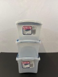3 Sterlilite Totes with Blue Hinged Lids, 7 Quart Size