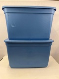 2 Blue Totes with Lids, One Slightly Larger than the Other