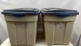 2 Tan Rubbermaid Totes with Blue Lids