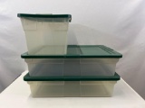 3 Plastic Storage Containers with Green Lids
