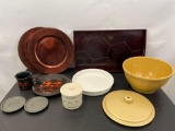 Yellow Mixing Bowl, Longaberger Lidded Crock, Black Cat Cup & Plate, 2 Round Chargers, Quiche Dish