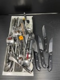 Mixed Lot of Flatware in Organizer and 4 Steak Knives