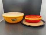6 Plastic Red & Yellow Baskets, Large Tupperware Bowl with Lid and 2 Trays