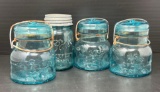 4 Blue Ball Jars- One has Zinc Lid, Others have Wire/Glass Lids
