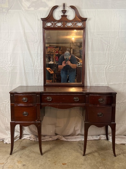 Mahogany Vanity with Mirror with Broken Arch Pediment