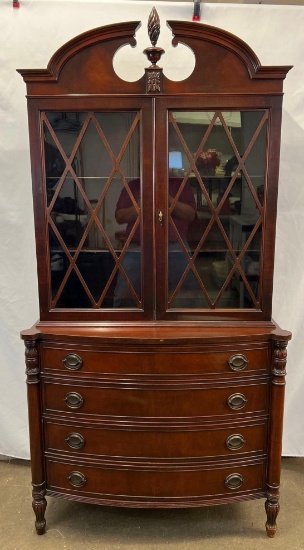 Antique 4-Drawer Hutch with Glass Front Display with Broken Arch Pediment