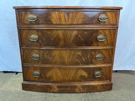 Antique Bow Front, 4-Drawer Chest with Brass Pulls