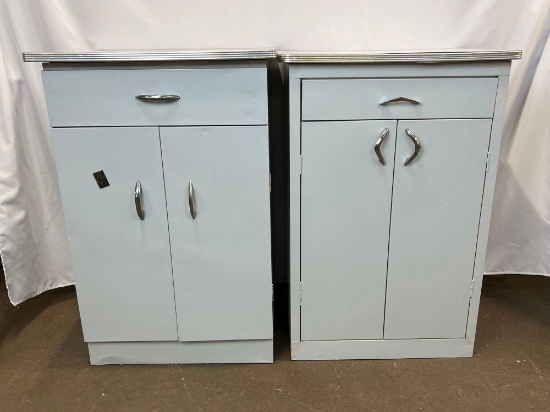 2 Vintage White Kitchen Cabinets, Both with Single Drawer and 2 Doors