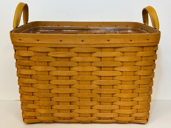 Longaberger 2000 Newspaper Basket with Leather Handles and Protector